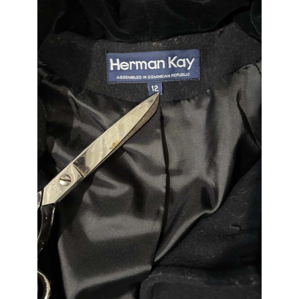 VTG Herman Kay Wool Full Length Coat Trench Black Velvet Trim Button 12 - Picture 2 of 8